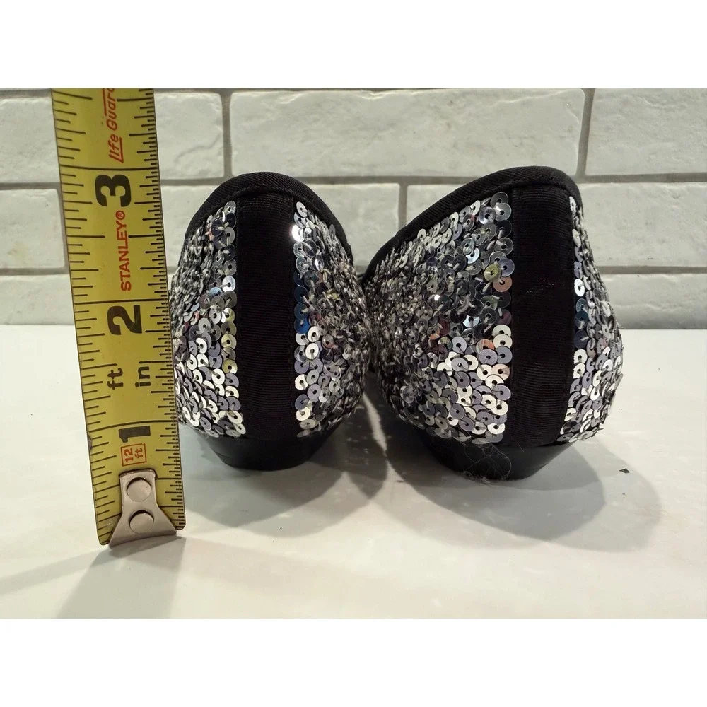 Beverly Feldman Sequin Bow Flats Womens Silver Black‎ Sparkle Pointed Toe Glam
